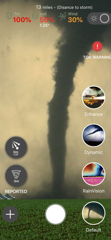 Augmented reality view of a tornado with real-time storm data and warnings