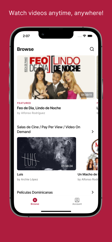 Pelidom - Pelidom app browse interface showing featured Dominican movies and video on demand titles