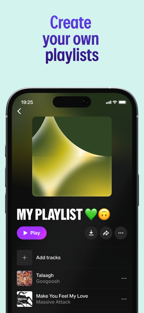 Yango Play Music: Listen now - Smartphone exibindo uma playlist de música personalizada no aplicativo Yango Play Music