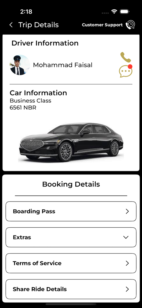 NAYLAM - Screen showing chauffeur profile and luxury car information in the Naylam app