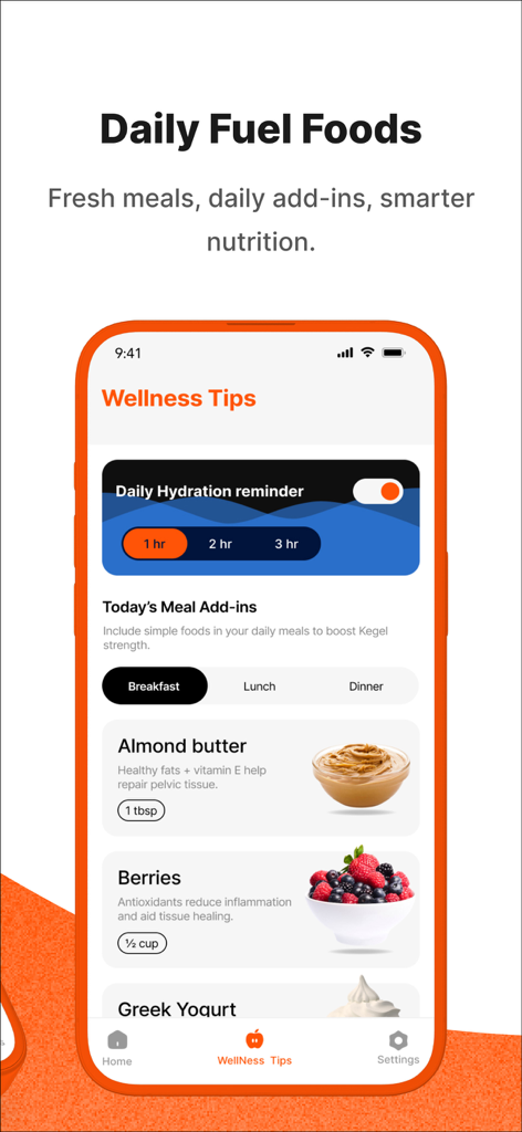 PelviX – Men’s Kegel & Health - PelviX App-Bildschirm mit täglichen Wellness-Tipps und Ernährung für die Beckengesundheit.