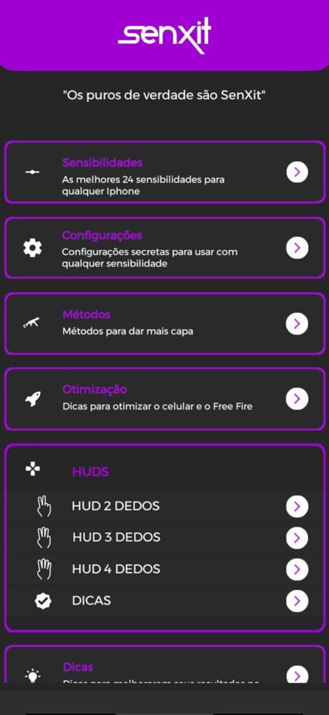 SenXit - Pacote de Sensi FF - Main menu of the SenXit app showing gaming sensitivity and optimization options for Free Fire.