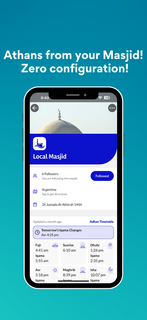 The Masjid App interface showing local mosque prayer times and iqama schedule on an iPhone screen.