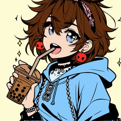 hot baddie anime girl drinking boba and biting the straw