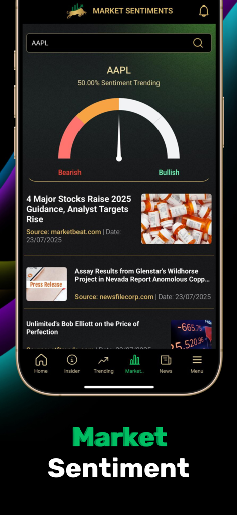 Pro Ticker Signals - Pro Ticker Signals mobile app interface showing a bullish vs bearish market sentiment gauge for AAPL and a financial news feed.