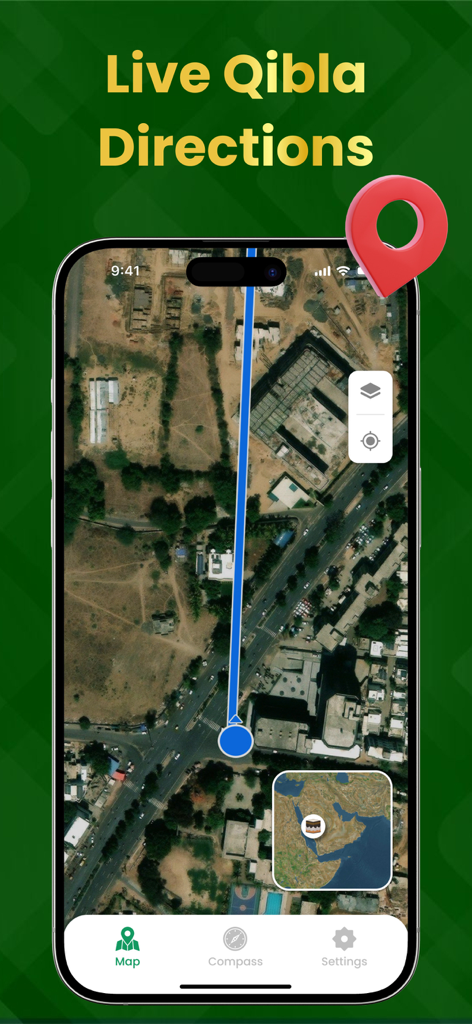 Una pantalla móvil que muestra la dirección en vivo de la Qibla en un mapa satelital.