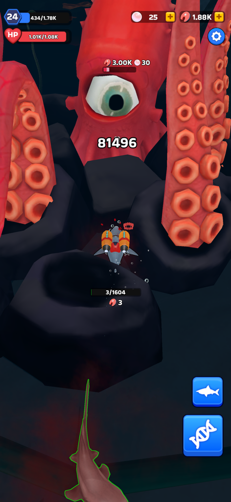 A shark with jetpacks fighting a giant red squid boss in the ocean