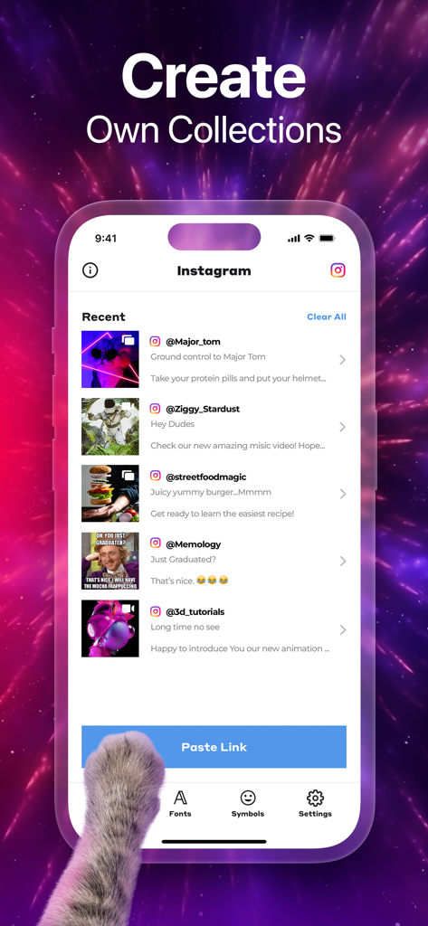 Instagramの保存済み投稿のリストと「リンクを貼り付け」ボタンを示すRepostアプリのインターフェイス。