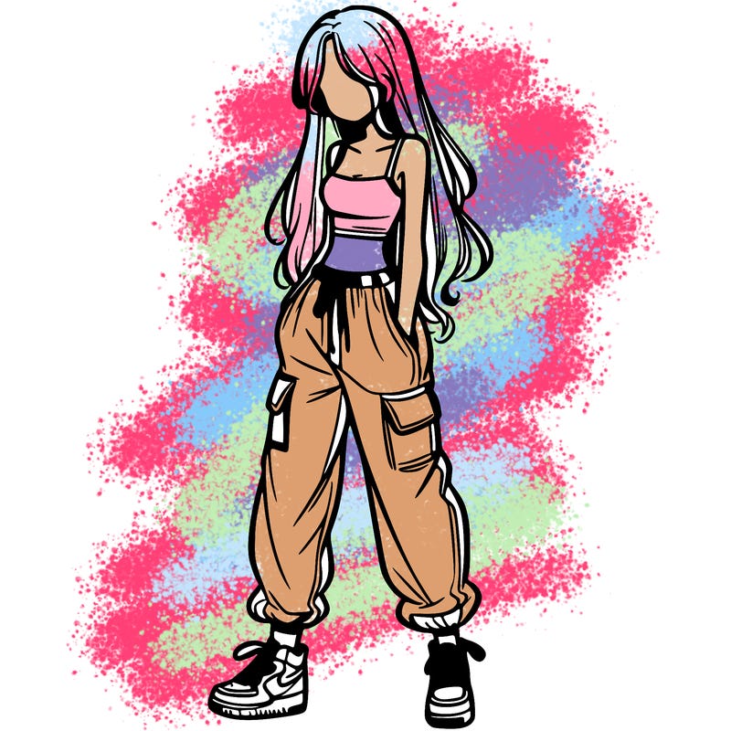 girl in baggy pants crop top and long hair