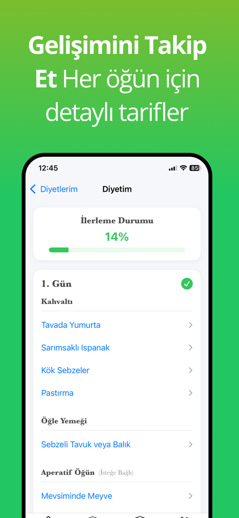 Mevsiminde Beslenme - 일일 식단 진행률 표시줄과 아침 및 점심 식사용 건강한 제철 식사 레시피 목록을 보여주는 모바일 앱 화면.