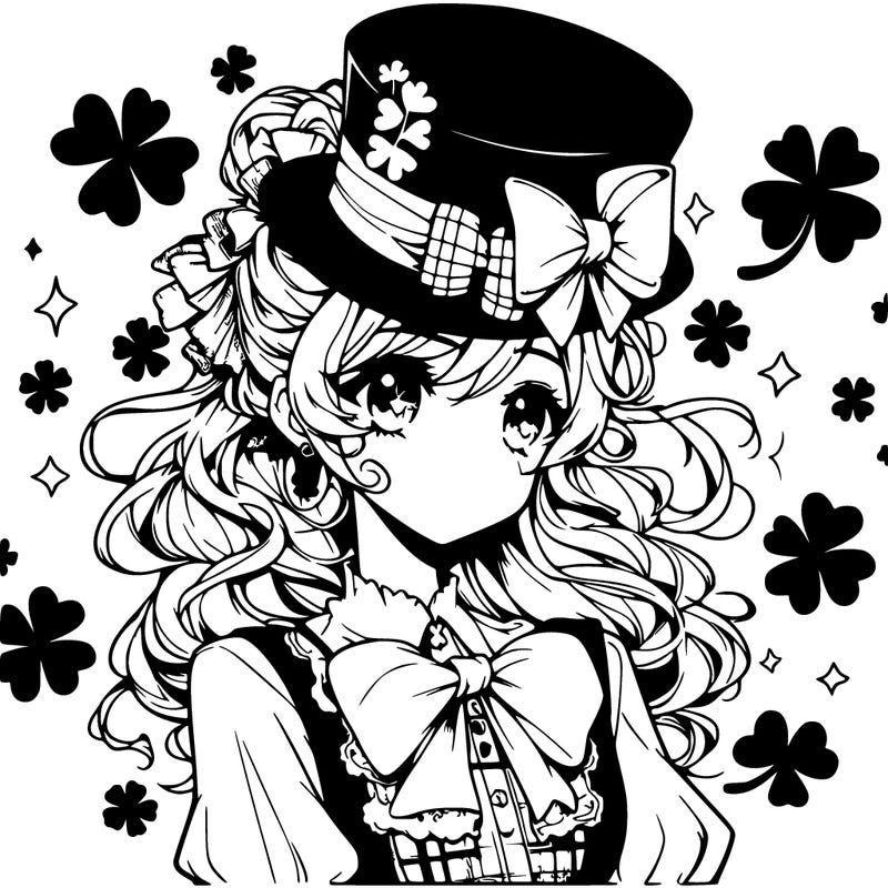 a manga-style girl with clovers around her, a little hat in her hair, like it's saint patrick's day