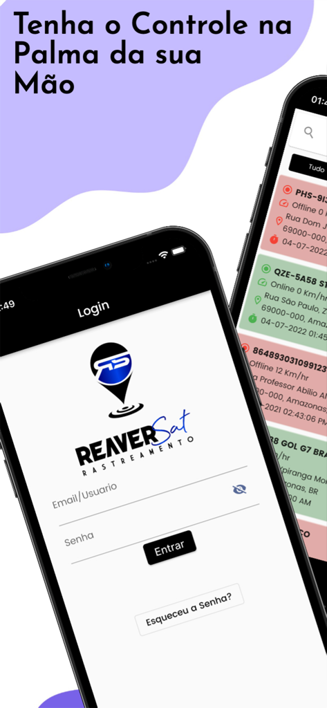 Reaver Sat Pro - Reaver Sat Pro vehicle tracking app login screen and fleet status list