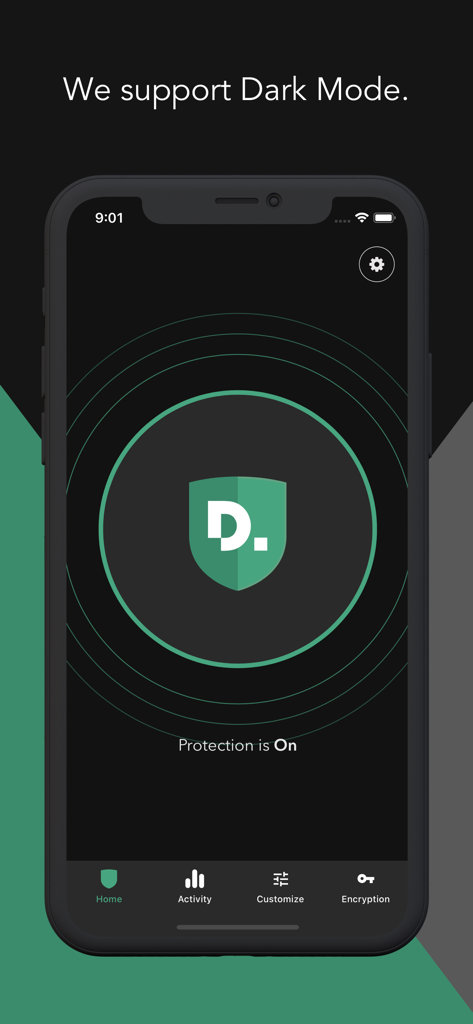 PrivacyPro SmartVPN & Firewall - PrivacyPro app interface displaying Dark Mode support and protection status set to on