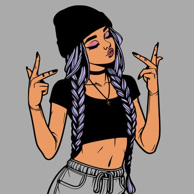 realistic teenage girl with braids and a beanie and crop top doing 🫶🏼