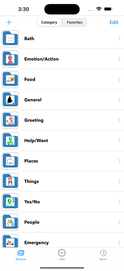 Voice4u AAC - A list of communication categories in the Voice4u AAC app showing icons for bath, food, emotions, and emergency.