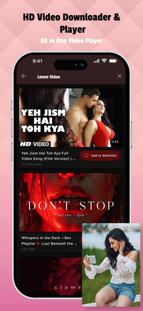 All Video Downloader - Player - Alle Video-Downloader-App-Oberfläche, die die neuesten Videos und die Funktion zum Hinzufügen zur Watchlist anzeigt