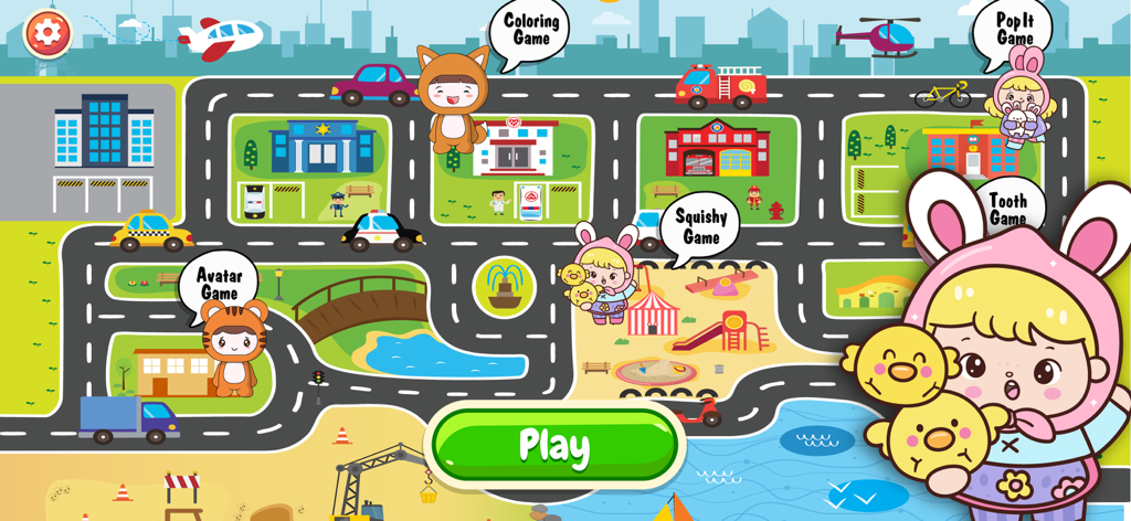 Doll Avatar Game - Mini Games - A colorful world map from the Doll Avatar Game showing different mini game locations and cute characters in animal costumes