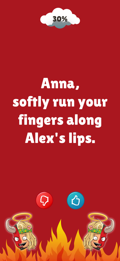 A truth or dare app screen showing a romantic dare challenge with a red devil themed interface.