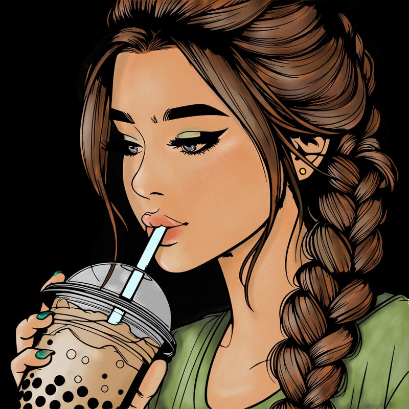 realistic girl drinking boba tea with braided hair