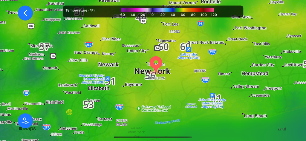Interactive temperature radar map for New York City on the WeatherNation app