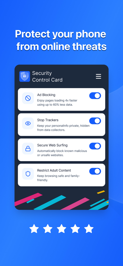 Interface of Bravo Security app featuring a control card with toggles for ad blocking and secure surfing