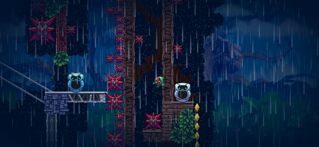 Robô GR-18 navegando em uma fase de floresta chuvosa cheia de espinhos e plataformas em Levelhead.