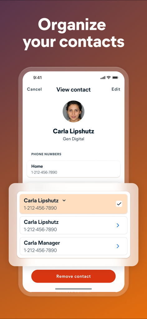 Avast Cleanup app interface showing contact organization and duplicate removal features.