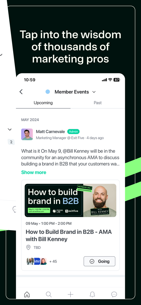 Exit Five - Exit Five app screenshot showing a B2B marketing member event for an AMA about brand building