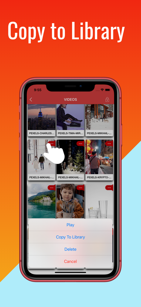 MX Player app interface on iPhone showing the copy to library option for video management