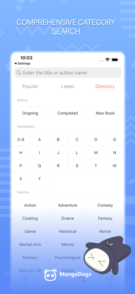 manga dogs app category search screen with status alphabetic and genre filters