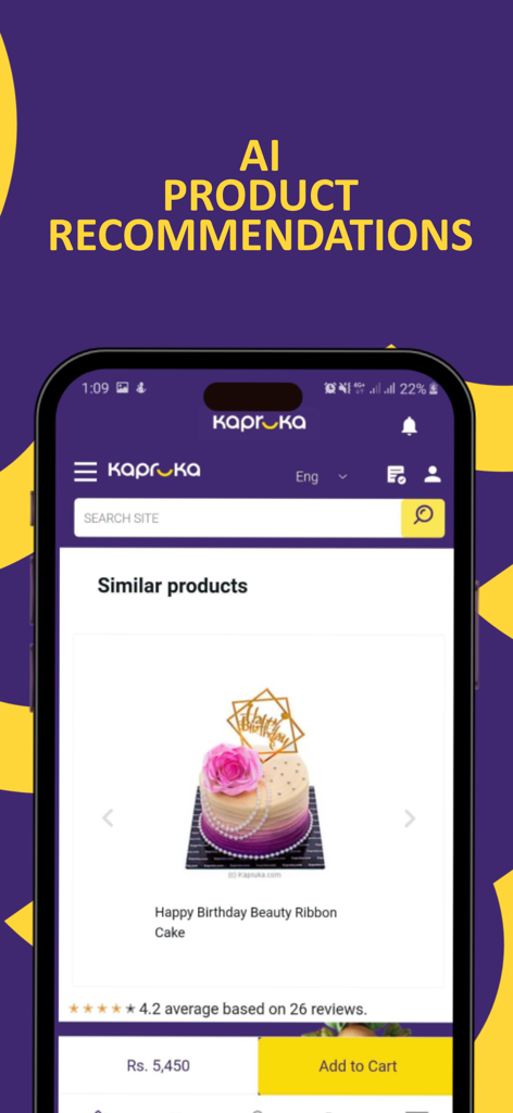 Kapruka mobile app interface showing AI product recommendations for a birthday cake