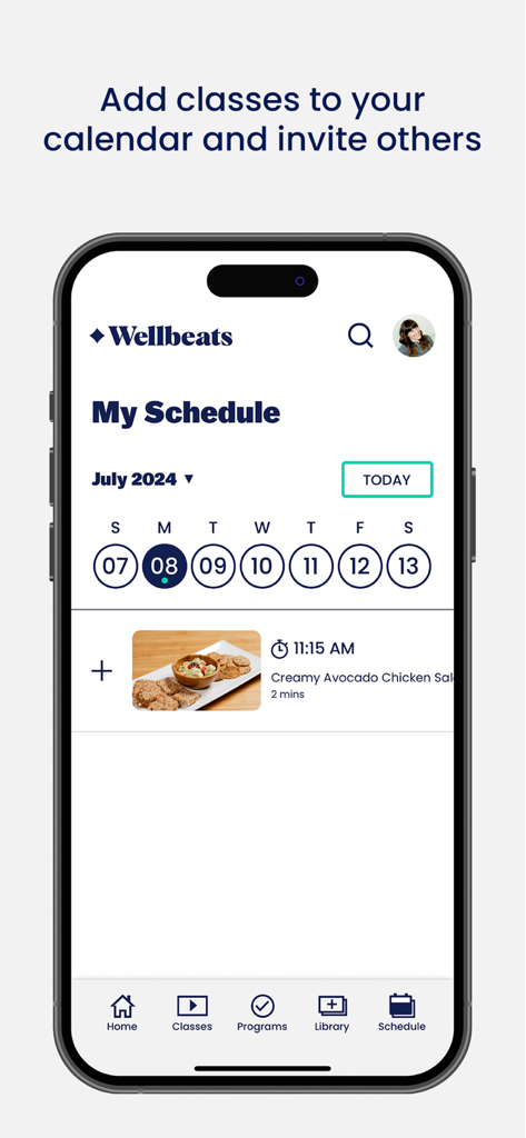 Interface do aplicativo Wellbeats mostrando a tela Meu Cronograma com um calendário e uma aula de nutrição agendada