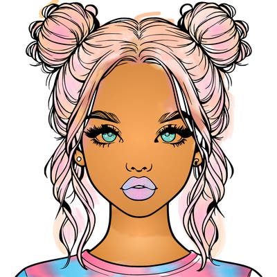 realistic girl with two buns in hair and lips