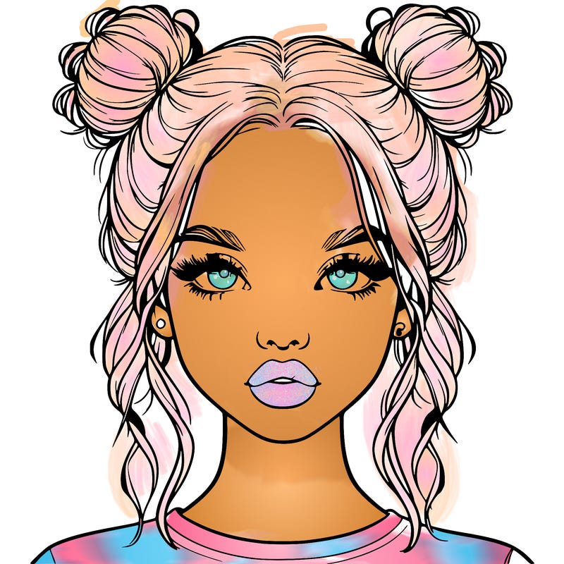 realistic girl with two buns in hair and lips