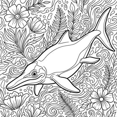 Embark on a unique artistic journey with this Shonisaurus Cottagecore coloring page, blending ancient marine life with whimsical rustic charm. Discover a magnificent marine reptile nestled within a delightful tapestry of natural elements, ready for your creative touch.