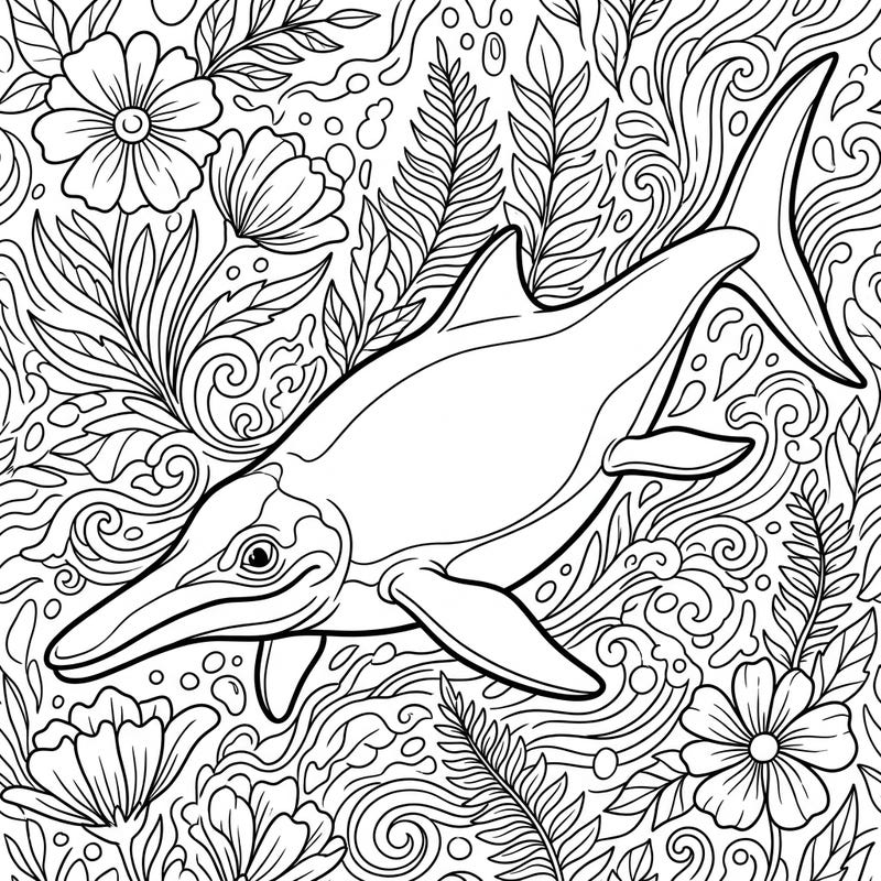Embark on a unique artistic journey with this Shonisaurus Cottagecore coloring page, blending ancient marine life with whimsical rustic charm. Discover a magnificent marine reptile nestled within a delightful tapestry of natural elements, ready for your creative touch.