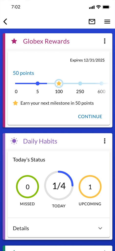 Wellness At Your Side - Screenshot of the Wellness At Your Side app dashboard displaying rewards progress and daily habits status