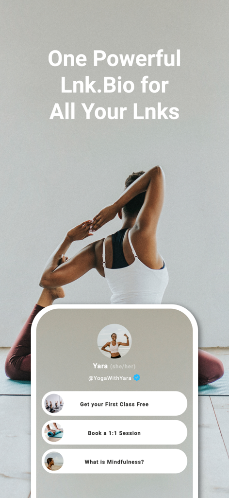 Lnk.Bio - Link in bio - A smartphone screen displaying a Lnk.Bio landing page for a yoga creator with buttons for classes and sessions