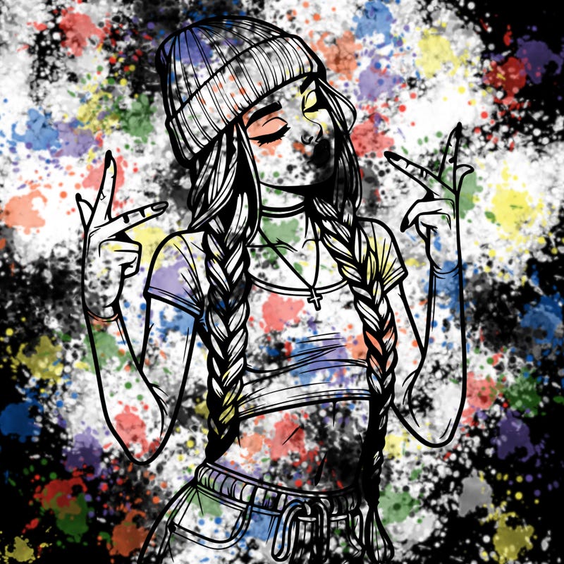 realistic teenage girl with braids and a beanie and crop top doing 🫶🏼