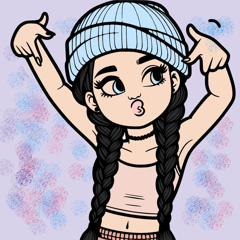 realistic teenage girl with braids and a beanie and crop top doing 🫶🏼
