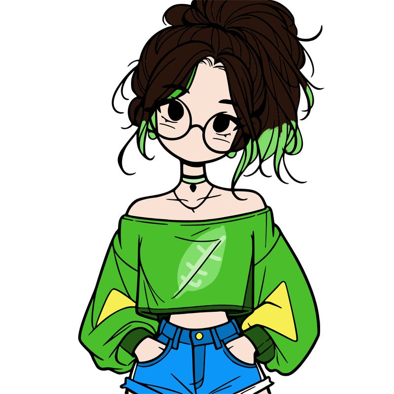 girl with a messy ponytail glasses a baggy crop top and jean shorts