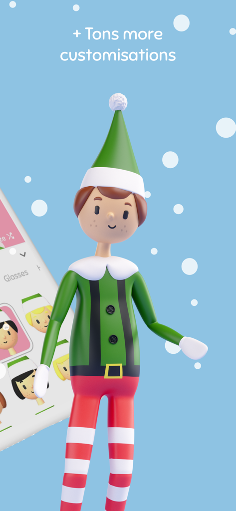 Elf Cam - Santa's elf tracker - A 3D Christmas elf character showing customization options for hair and hats in the Elf Cam app.