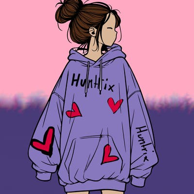 realistic girl with a oversized sweatshirt on and a bun