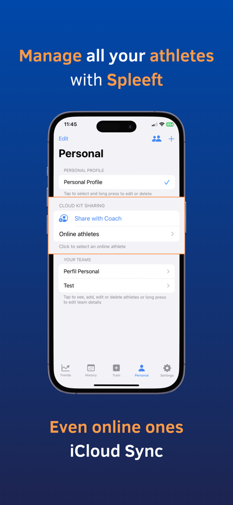 Spleeft - Spleeft app interface showing athlete management and iCloud sync features for strength coaches