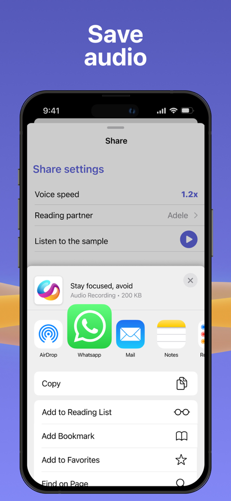 Synthy: Read aloud Text, Docs - Synthy app share screen showing audio export options and voice settings.
