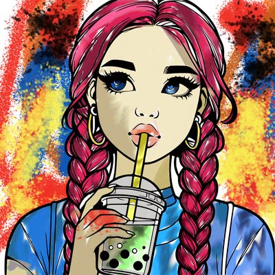 realistic girl with braided hair drinking boba