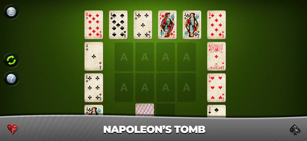 Grand Solitaire Collection - Captura de pantalla del juego de la variante Napoleons Tomb en Gran Colección de Solitario con cartas clásicas sobre un fondo verde
