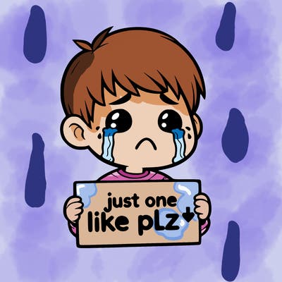 realistic crying boy with a sign saying just one like plz