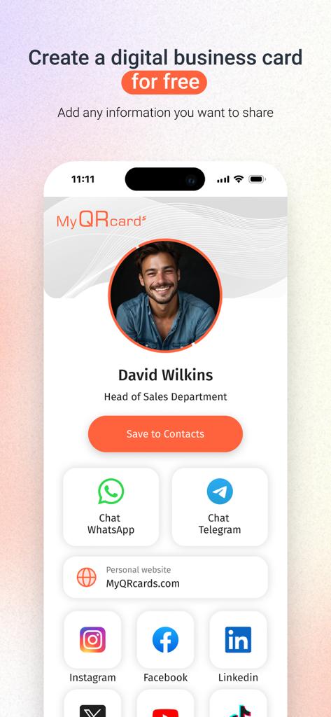 Interface of MyQRcards app showing a digital business card for a sales professional with social media and contact links
