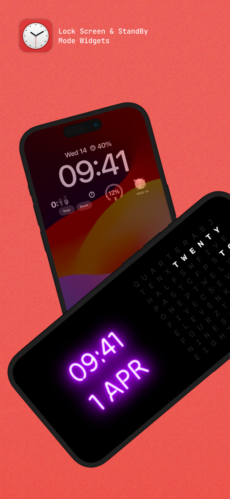 McClockface – Flip Clock - iPhone Lock Screen and StandBy mode featuring neon and word clock widgets